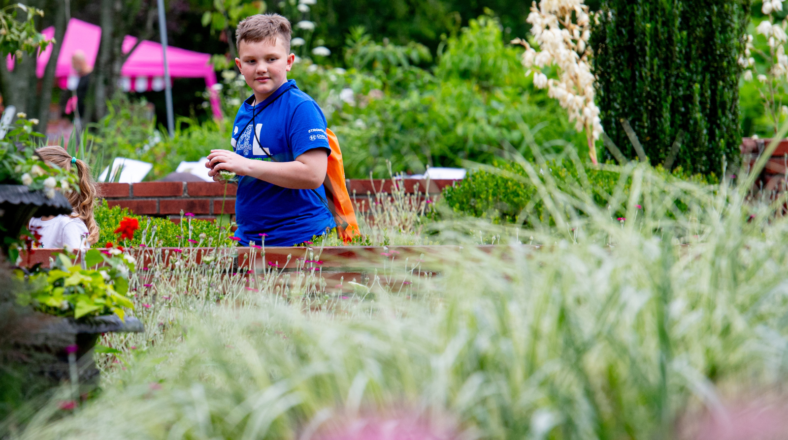 A young boy looking at flowers as he walks through a garden