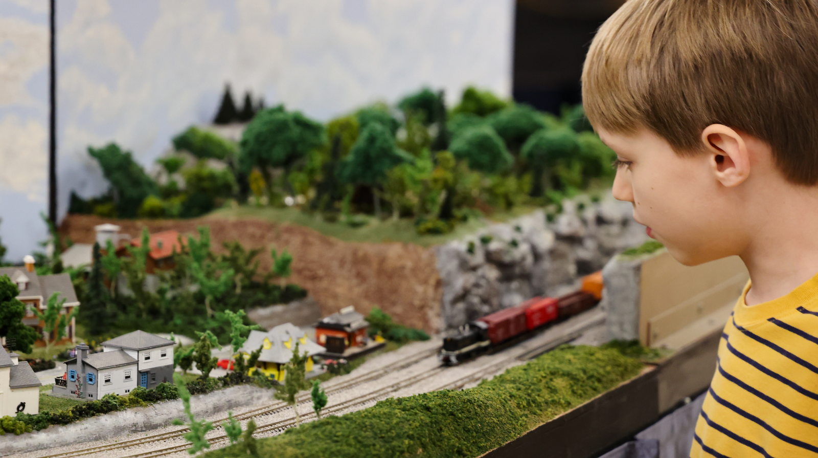 A young boy in a striped shirt observes a detailed model train set with miniature houses, trees, and landscapes, conveying curiosity and fascination.
