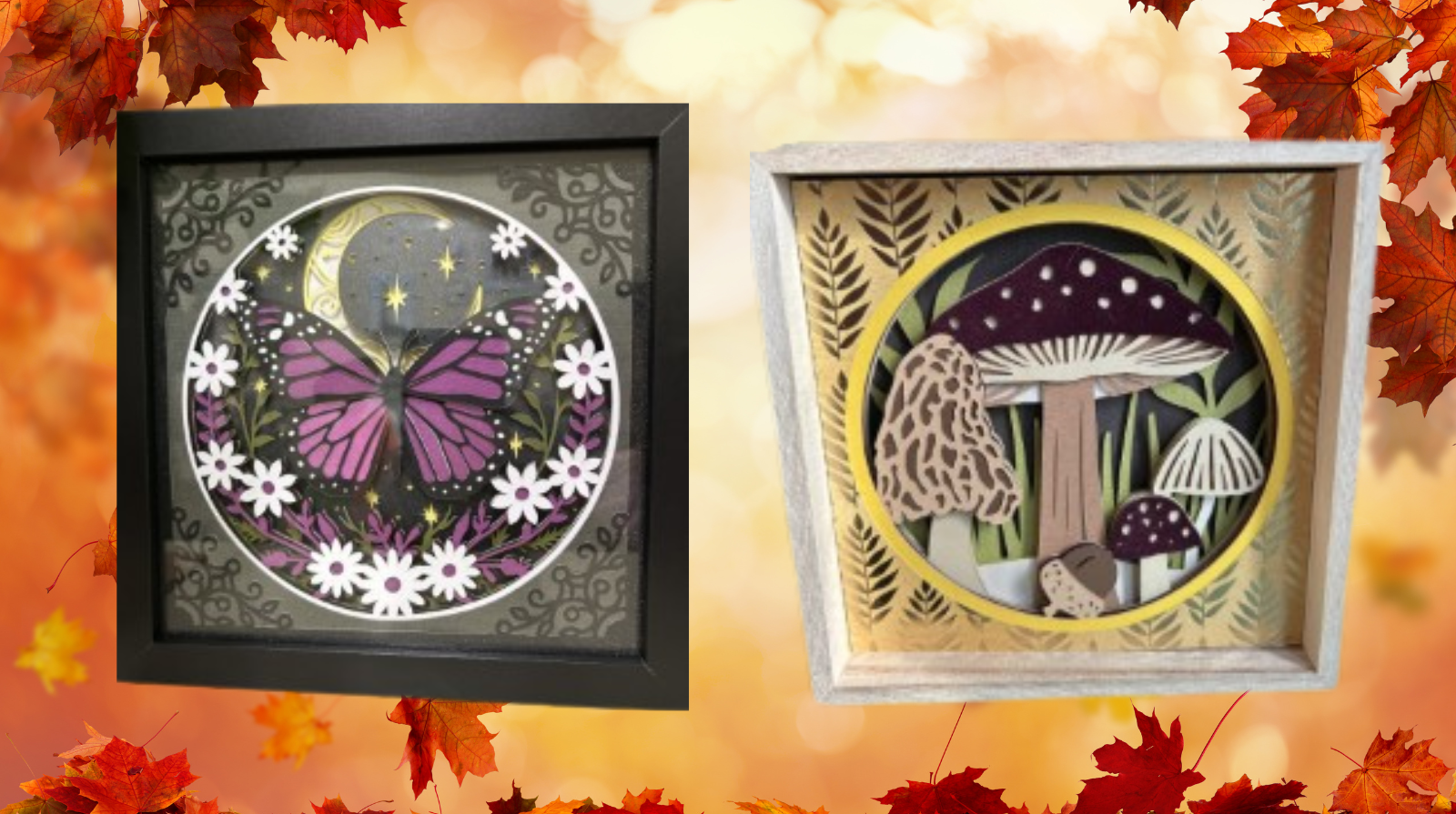 two shadow box crafts with a fall leaves background